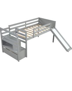 Grey kid's twin loft bedframe with storage and slide