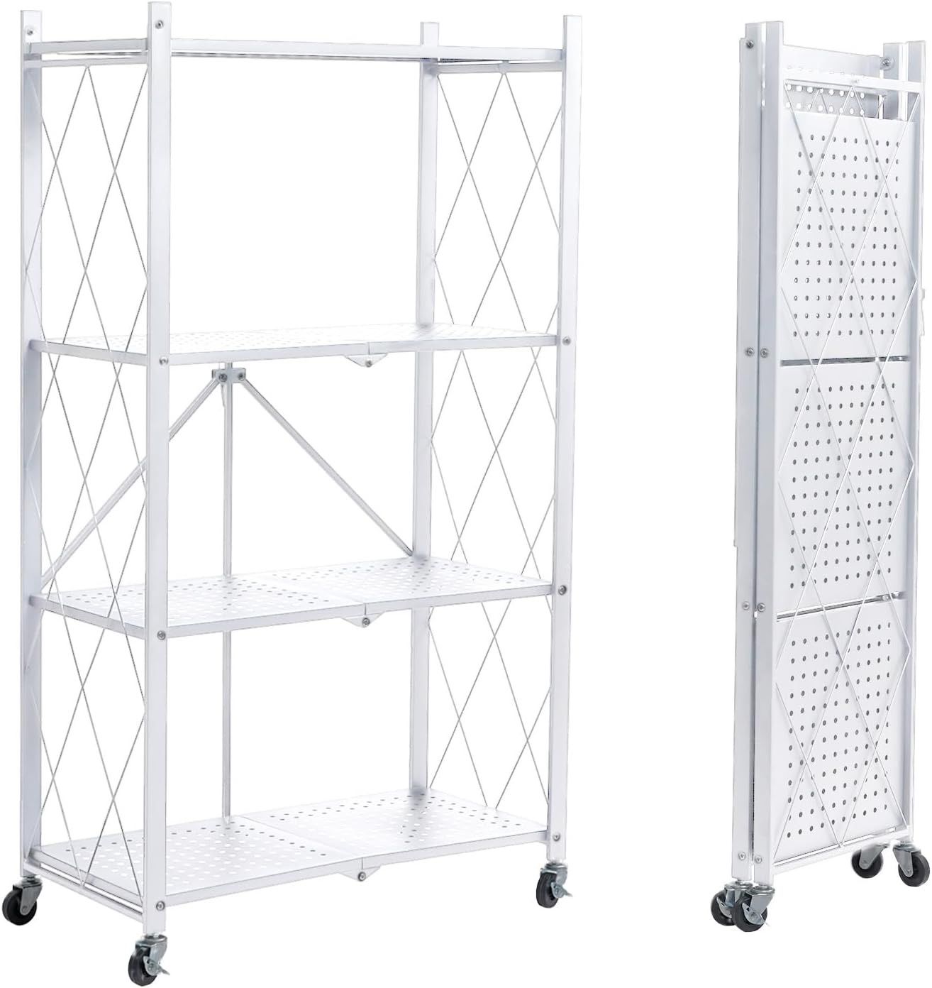 COOKCOK 4-Tier Storage Shelving Unit, Metal Shelf, Foldable Storage Shelf with Wheels, 27.9"x13.4"x49.72" Garage Shelf, Kitchen Shelf with 4 Hooks, No
