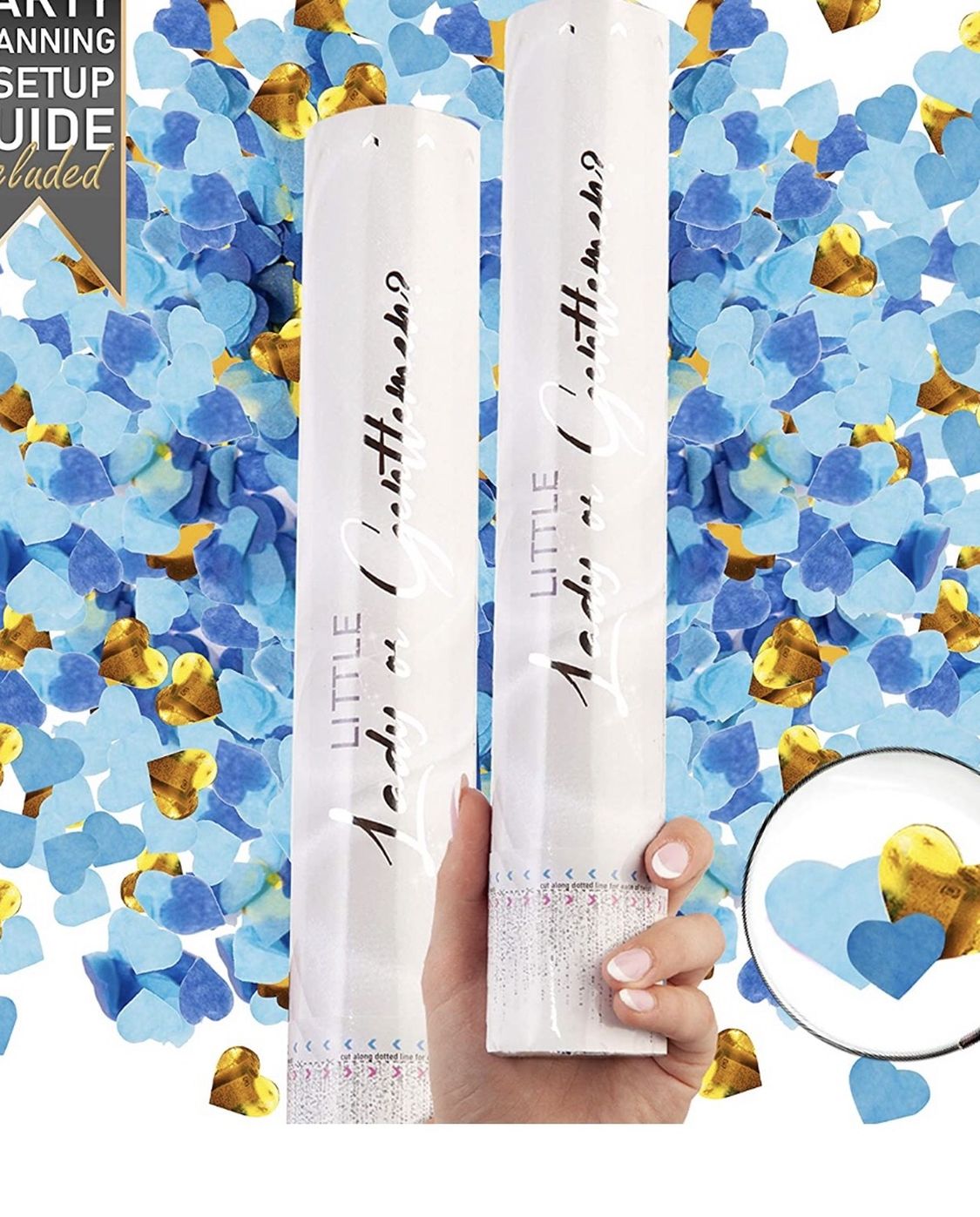 Gender Reveal Confetti Cannon - Set of 2 - Biodegradable Heart Shaped Confetti in Pink or Blue, for Gender Reveal Decorations and Baby Gender Reveal P