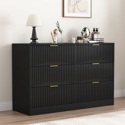 Modern 6-Drawer Dresser, Chest of Drawers for Bedroom, Living Room, Hallway, and Entryway - Large Storage Cabinet, Black,Drawer panel with wavy patter