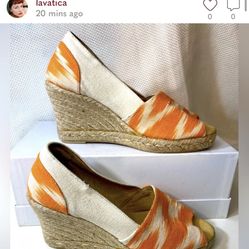 New Olasoles Espadrille wedges made in Spain orange and cream fabric Size 39
