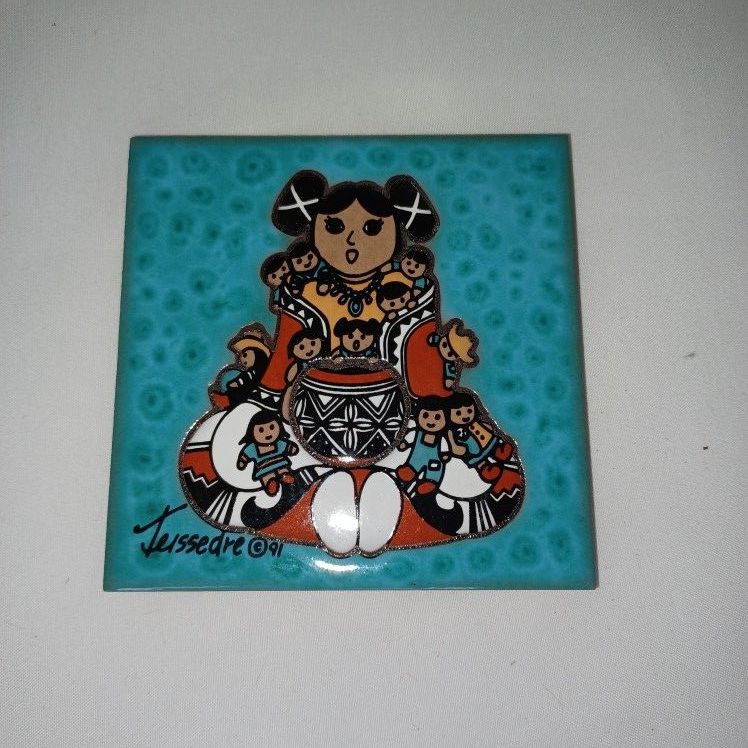 CLEO TEISSEDRE 1991 SOUTHWESTERN STORYTELLER COASTER TRIVET WALL PLAQUE TILE 4 X 4