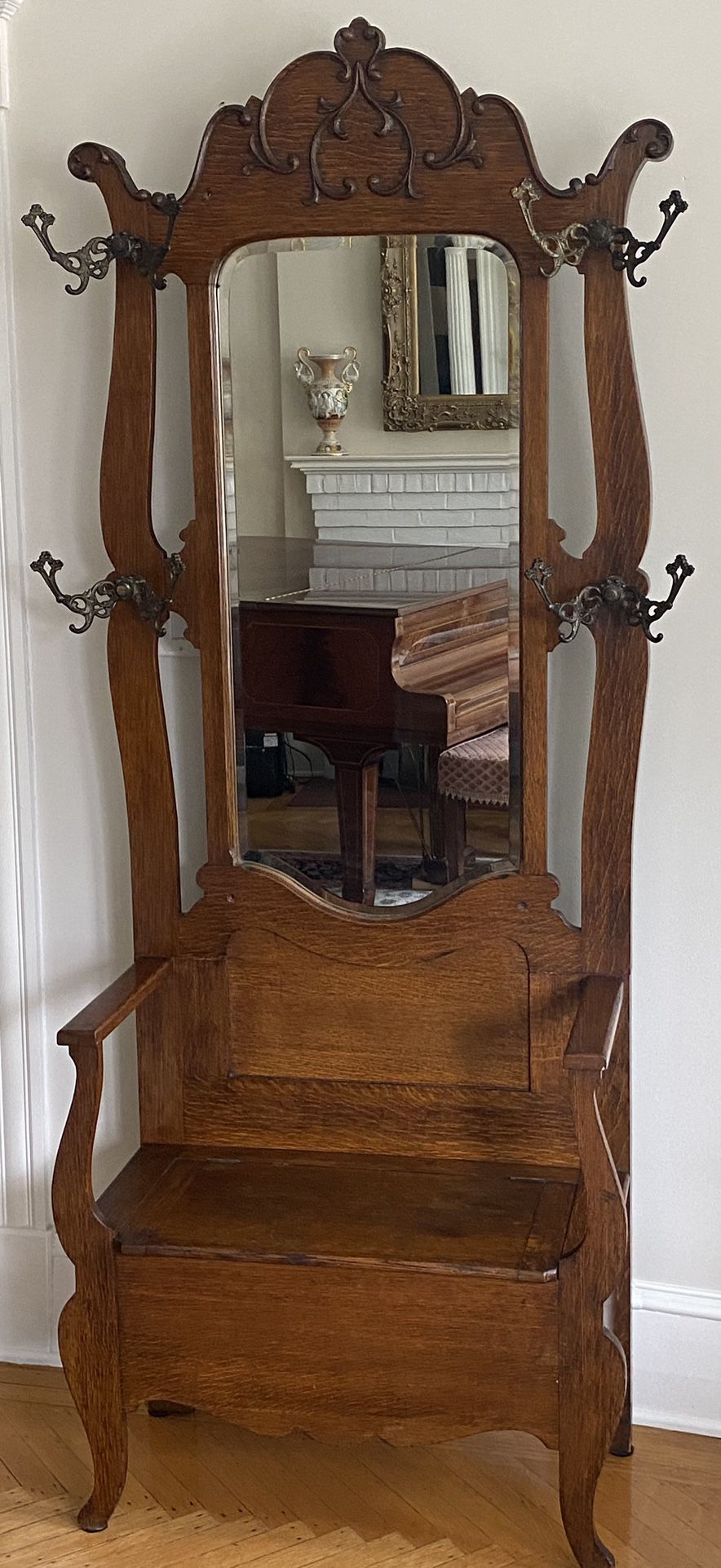 Solid Antique Oak Hall Tree Mirror 