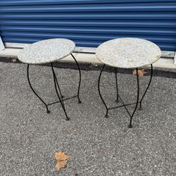 Pair Of Vtg MCM Granite Round Top w/ Wrought iron Base  Plant Stand Side Table  16 1/4” wide  16 1/4” deep  23 1/4” tall 