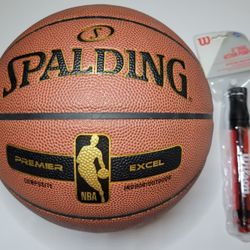 Used Spalding Premier Excel 29.5" Indoor Outdoor Basketball & New Wilson 6" Dual Action Pump