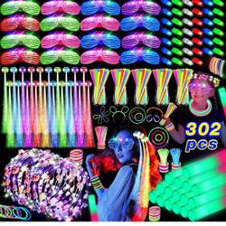 302 PCS Glow in the Dark Party Supplies, 20 LED Hair Clips Fiber Optic, 16 LED Glasses, 16 Foam Glow Sticks, 10 Light Up Flower Crowns, 40 Finger Ligh