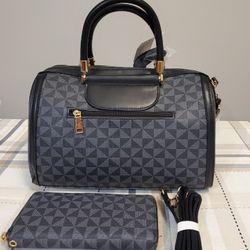 Mini Duffle Triangle Pattern Vegan Leather Bag with Matching Wallet and Crossbody Strap 