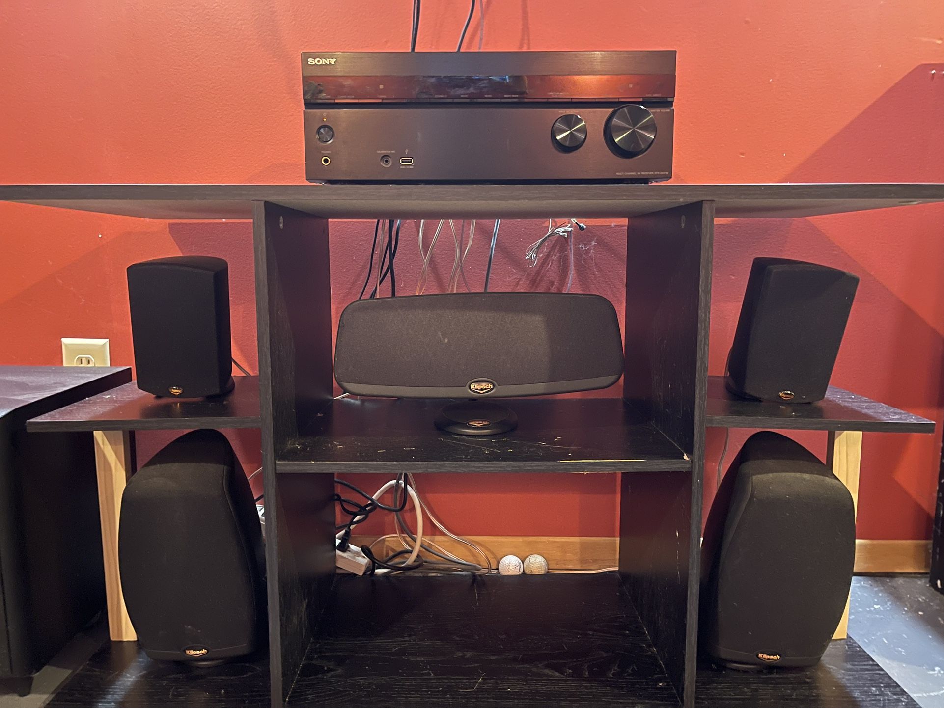 Klipsch Speakers, Sony Receiver, and 12” Infinity Sub