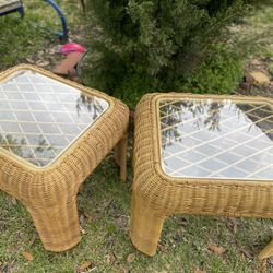 2 Glass Wicker Rattan Side Tables, measurements below L-25” W-21” H-20”