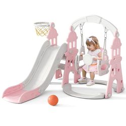 Slide and Swing Set,4-in-1 Kids  Toddler Slide with Basketball Hoop, Swing, Outdoor/ Indoor, NEW