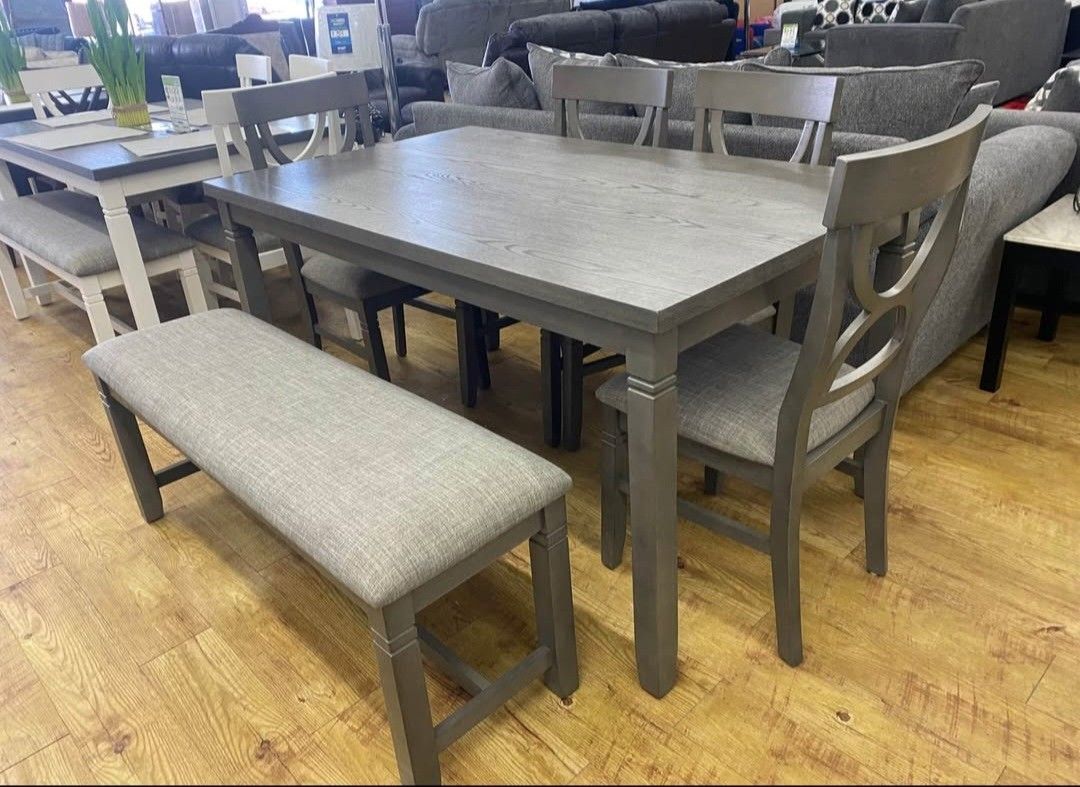 ✅️✅️6 pc bridget ii grey finish wood dining table set padded seat chairs and bench✅️✅️