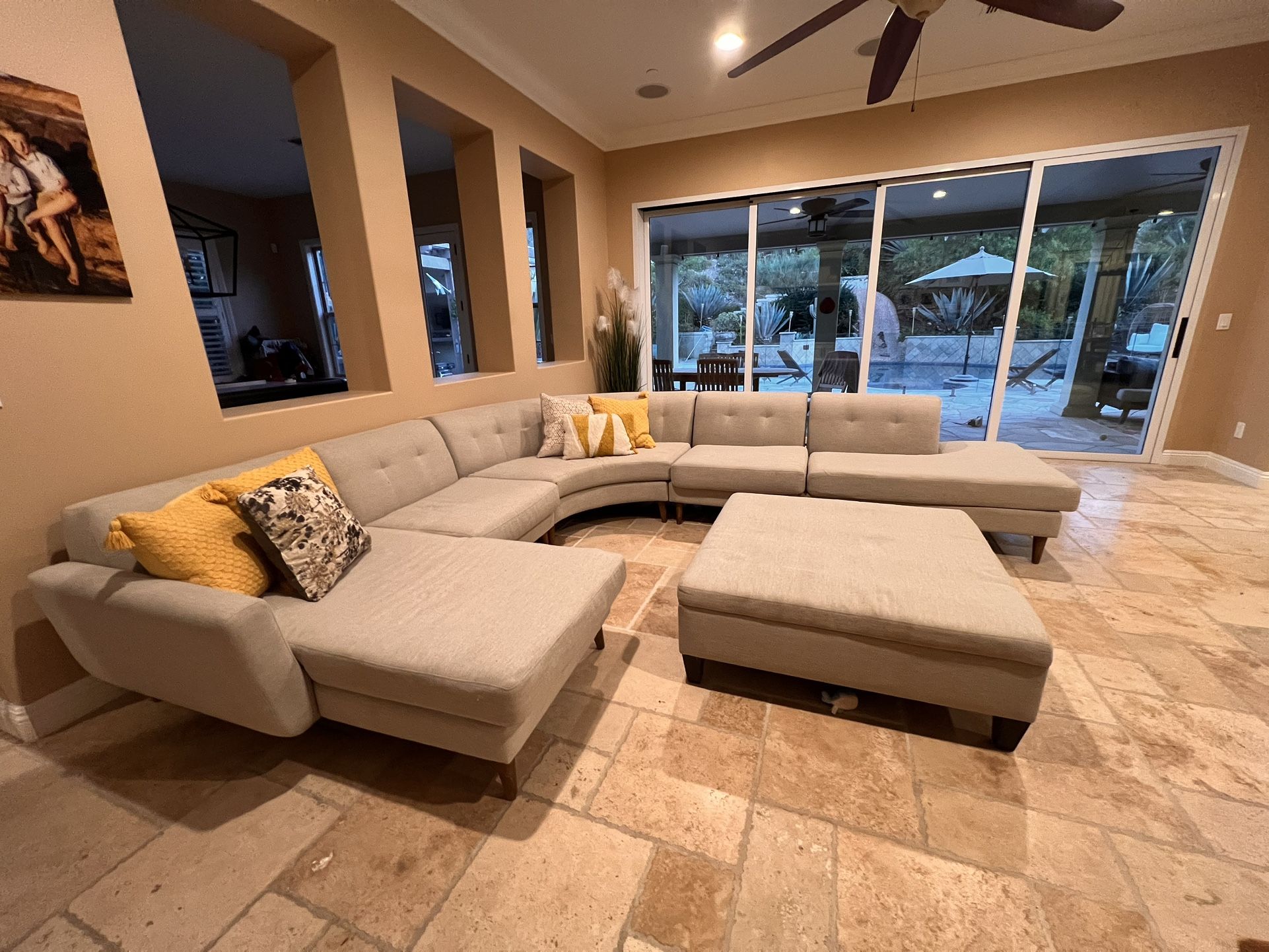 Mid Century Modern Beige Curved Sectional