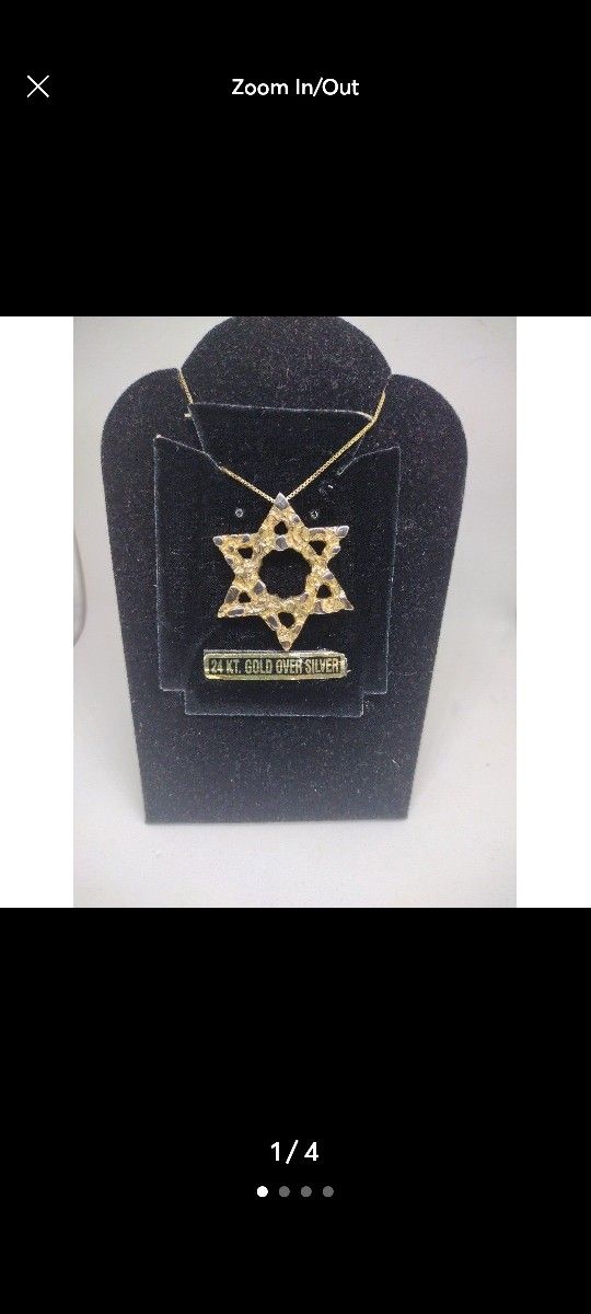 Chunky Nugget Style Star of David Pendant and Chain 24K Gold Over 925 Silver
