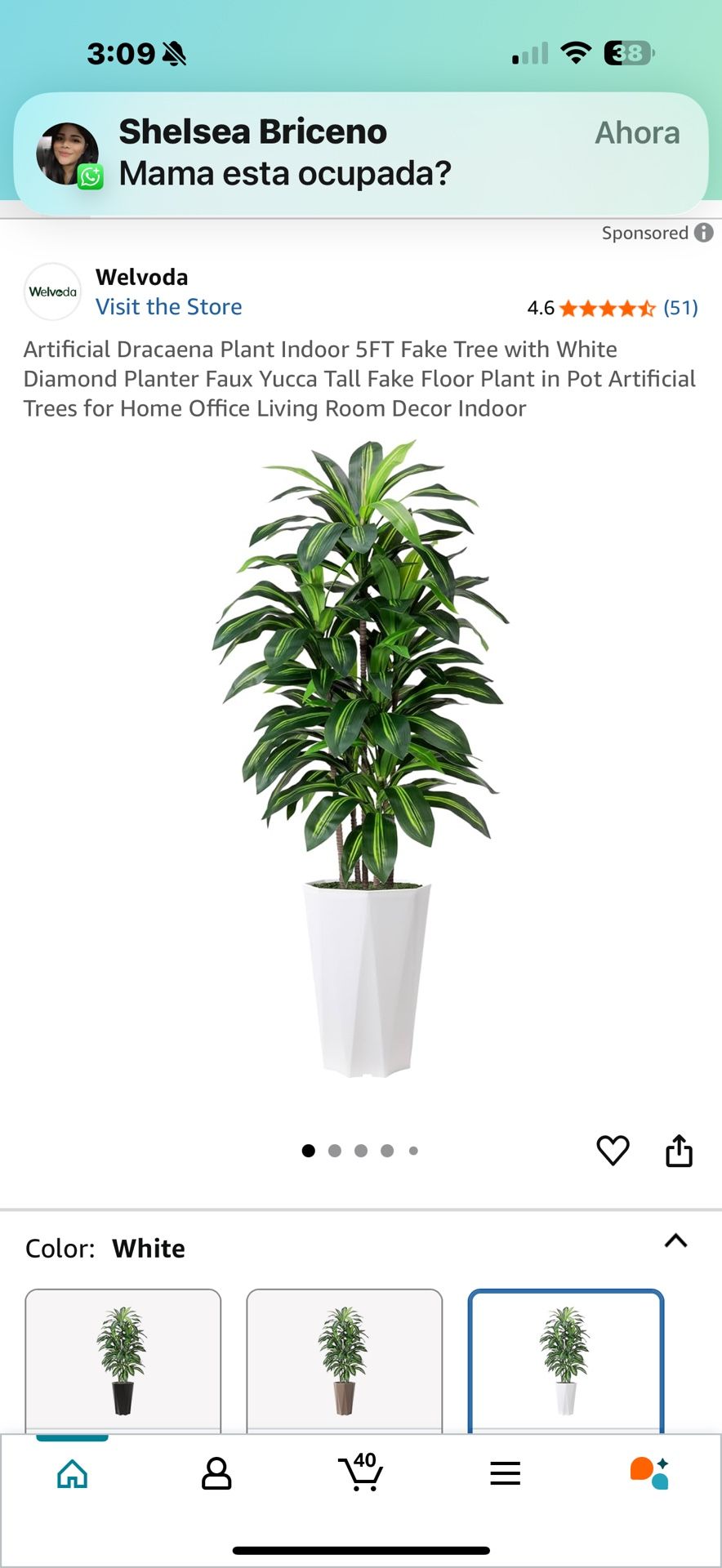 Artificial Dracaena Plant Indoor 5FT Fake Tree with White Diamond Planter Faux Yucca Tall Fake Floor