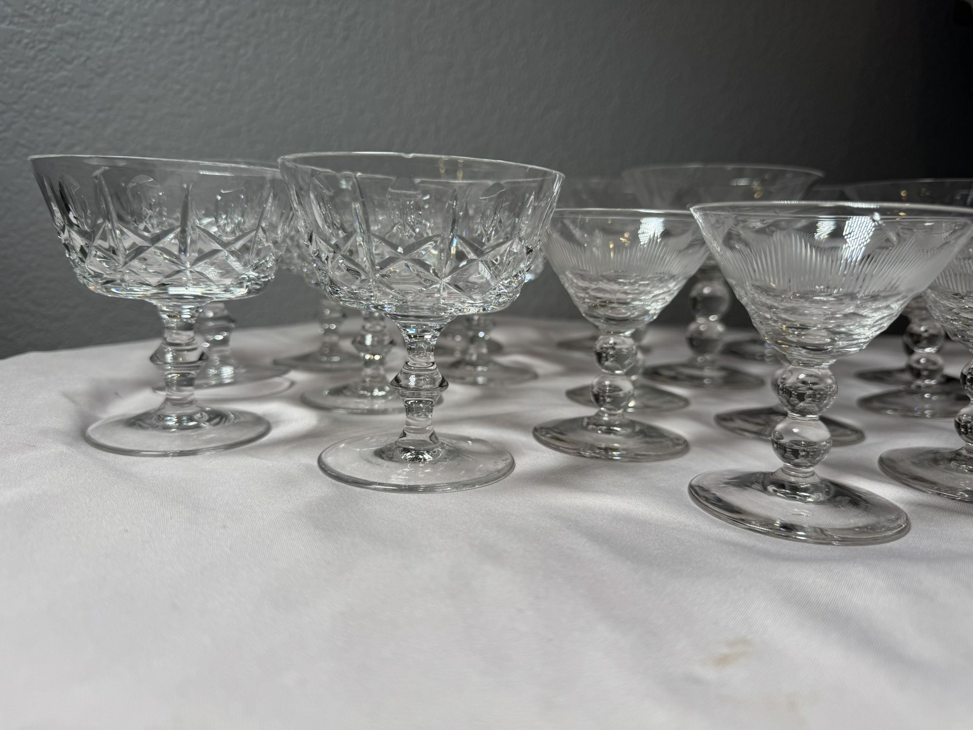 Vintage Cut Crystal Champagne Coupes Set of 18 Bubble Stem Etched Glasses