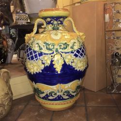 Ariete e Delfini Very Large 28” Tall Urn Italian one of a kind ceramic Pot