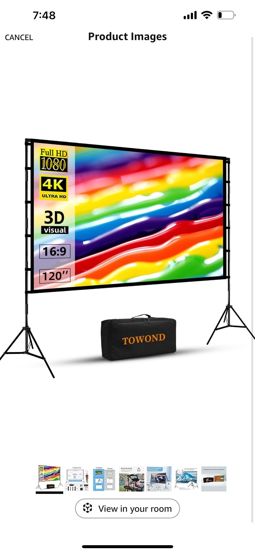 Projector Screen and Stand, Towond 120 inch Portable Projector Screen Indoor Outdoor Movie Screen 16:9 4K HD Wrinkle-Free Lightweight Projection Scree