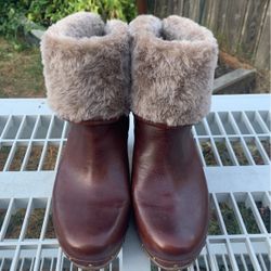 Uggs Fold Down Clog Boots W/Fur Brown Womens Size 10