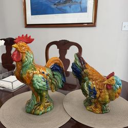 Large Vintage Rooster & Hen Crackle Glaze Set – 14.5” & 11” Farmhouse Decor