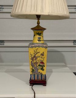 Vintage Chinese Yellow Famille Rose Ceramic Table Lamp w/ Brass Finial