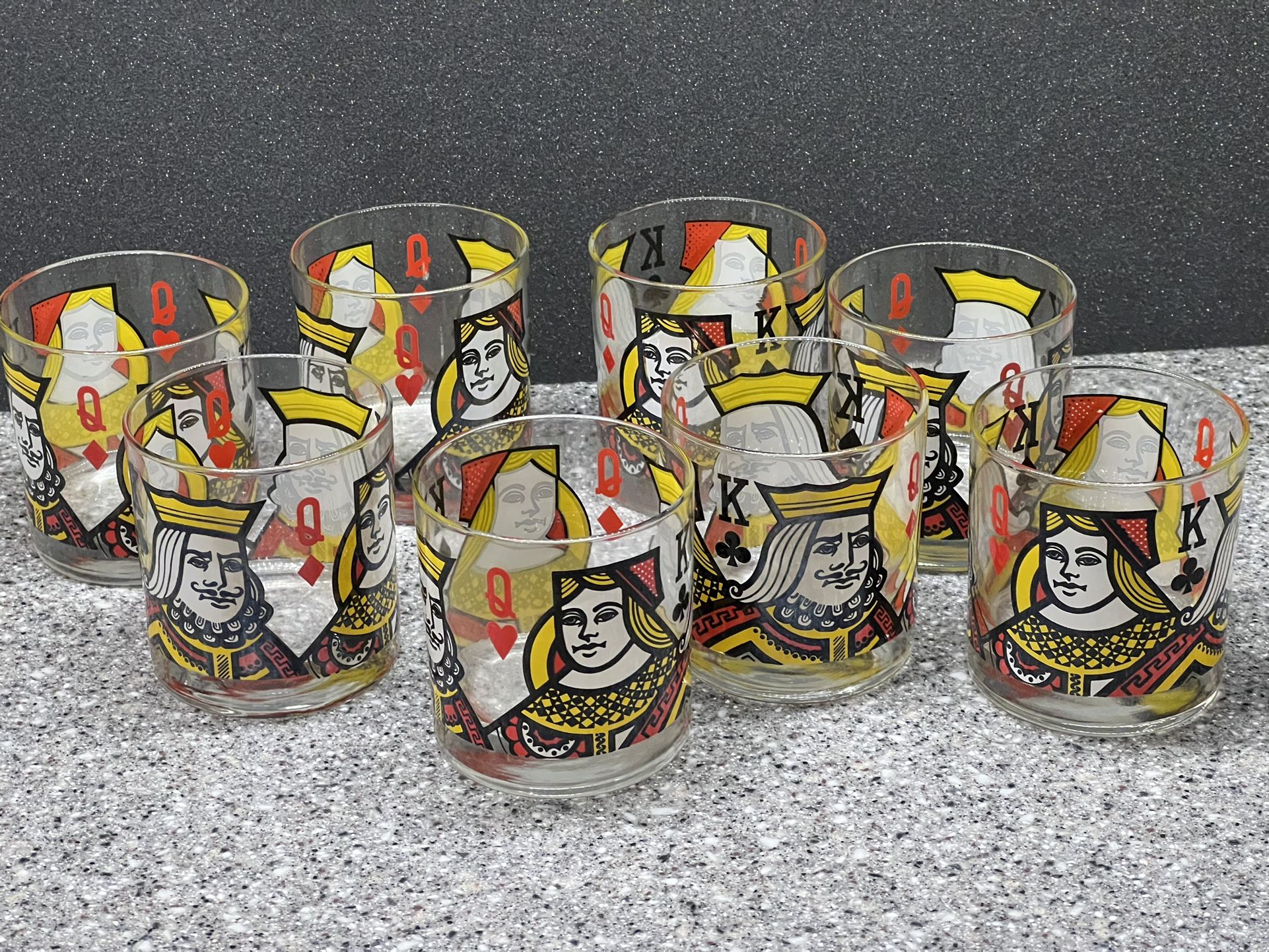 Vintage 1970’s King/ Queen Whiskey, Poker Glasses/ Lowball Rocks Glasses / Set Of 8 Very Rare Collectibles/ NEW