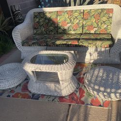 Super Cute Rattan Couch, Table And , 2 IKEA Floor Cushions