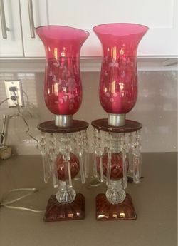 Pair of Cranberry Glass Lustre Candlesticks
