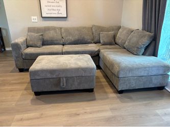 Gray Corduroy Sectional Sofa with Storage Ottoman