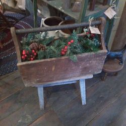 Antique Wood Tool Tote W/Christmas Greens
