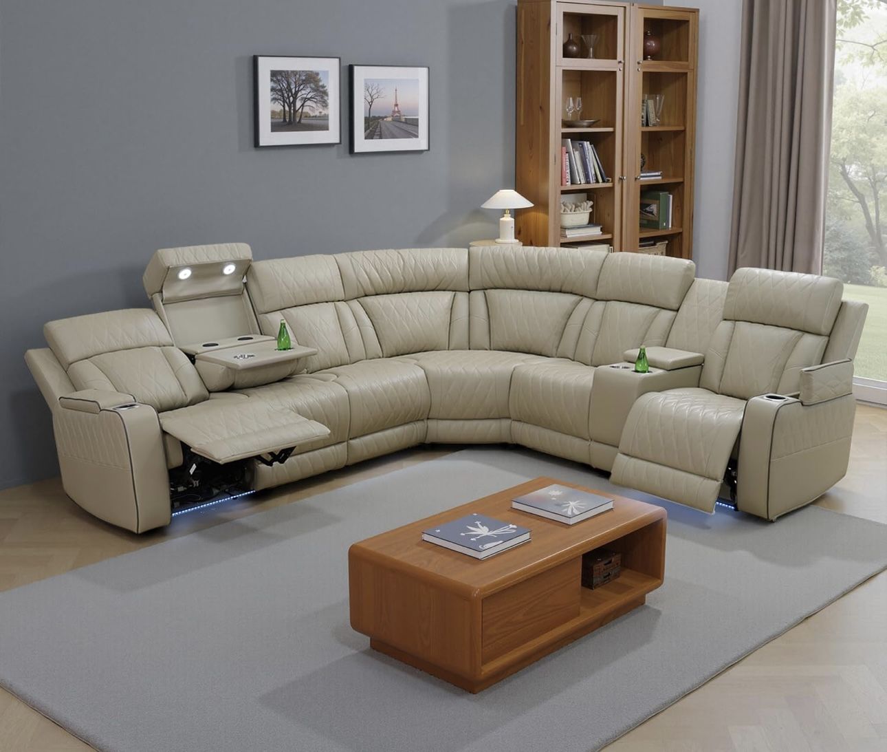 Power Electric Beige Cream Leather Fully Reclining Sectional Couch 