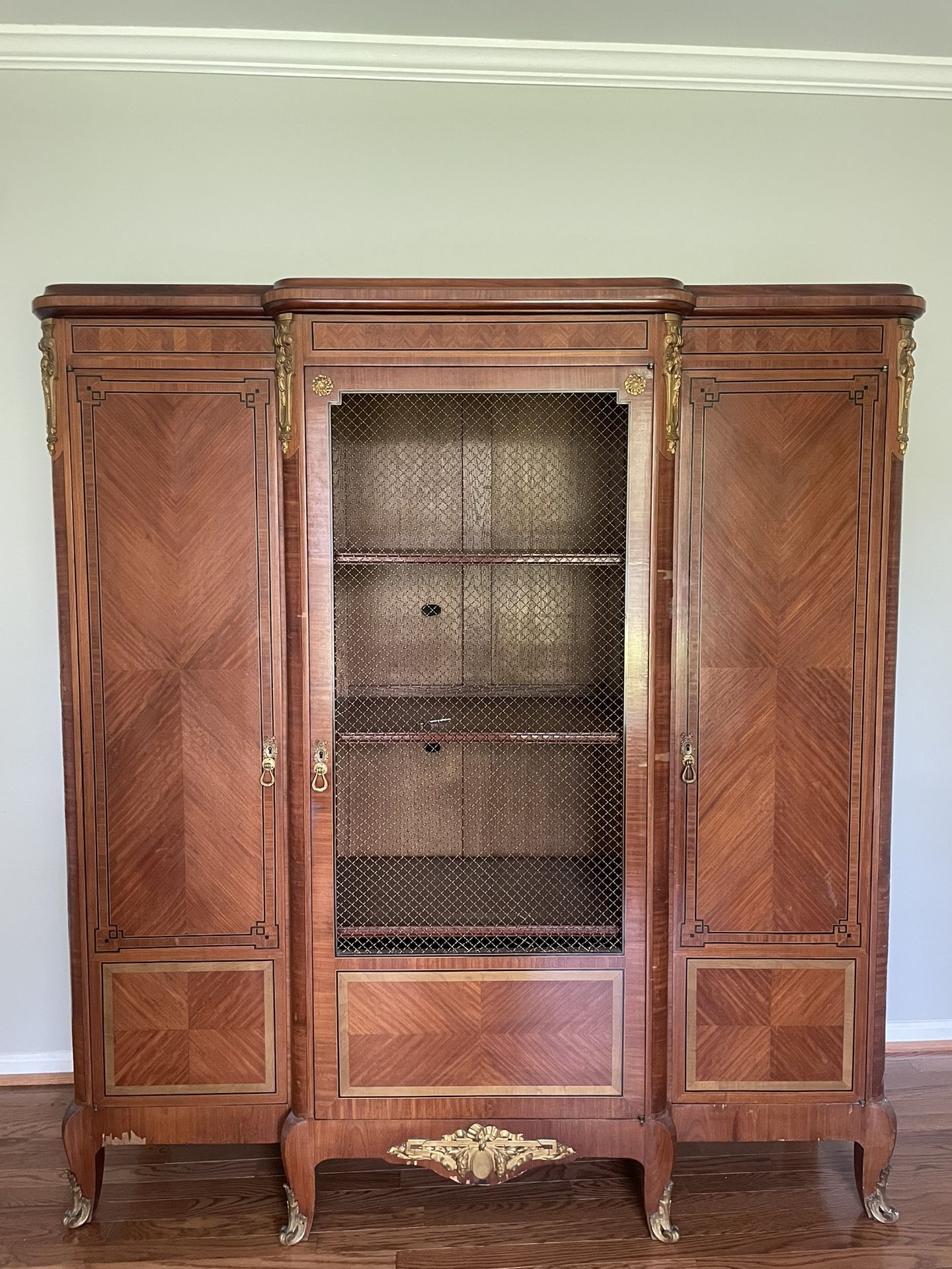 French Louis XVI Style Inlaid Carved Walnut Ormolu Bookcase, Early 20th C.,