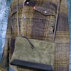 Rag & Bone green suede clutch crossbody bag featuring silver-tone hardware, a leather trim, and a chain-link shoulder strap.  # Z