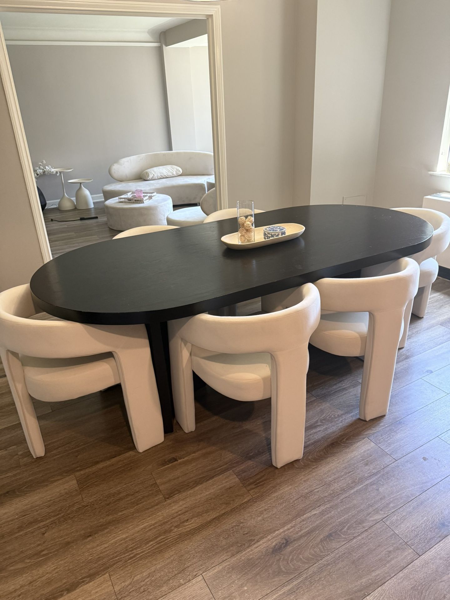 Round Wood Table and Velvet Chairs