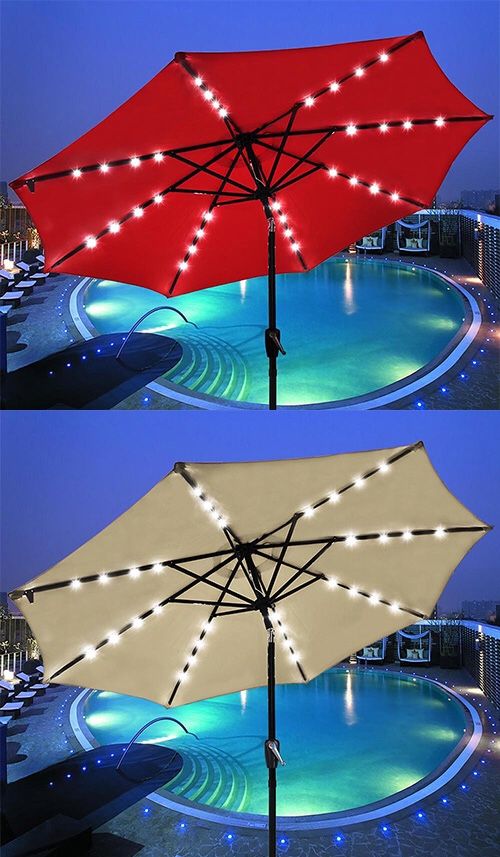 New $50 each 9’ FT Outdoor Patio Umbrella with Solar Powered LED Light Tilt Crank (3 Colors)