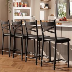 26'' Bar Stools Set of 4 Counter Height Stools Thick Cushioned Seat Ergonomic Backrest PU Leather Metal Frame Waterproof Scratch-Resistant Kitchen Isl