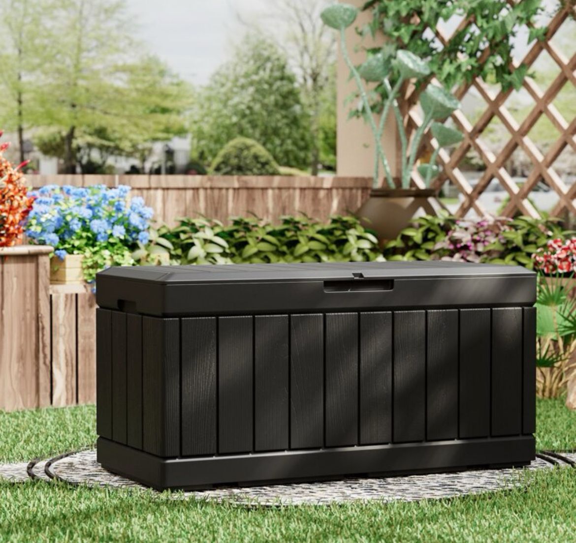 90 Gallon Deck Box Lockable Resin Outdoor Storage Box waterproof Outdoor Container for Patio Furniture Cushions, Pillow and Pool Toys