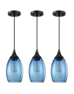SEENMING HOUSE 3 Pack 1 Light Hanging Indoor Kitchen Island Pendant Lights 5.1" Hand Blown Black Seeded Ancient Blue Glass Ceiling Light