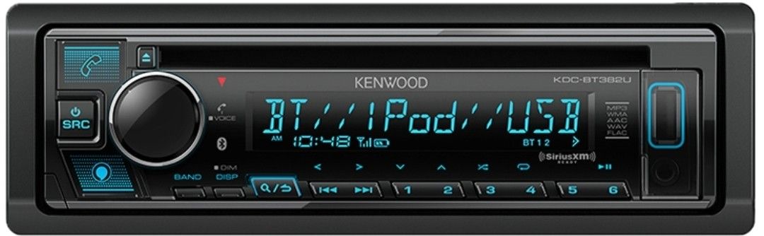 Kenwood KDC-BT382U
1-DIN CD Receiver, Bluetooth, Alexa Built-in, SiriusXM Ready, Front USB & AUX, Variable Illumination, Remote APP ready