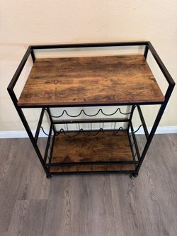 Industree Serving Cart on Wheels, 3-Tier Bar Cart with Wine Rack, Modern Wood and Metal Portable Coffee Cart Table for Home,