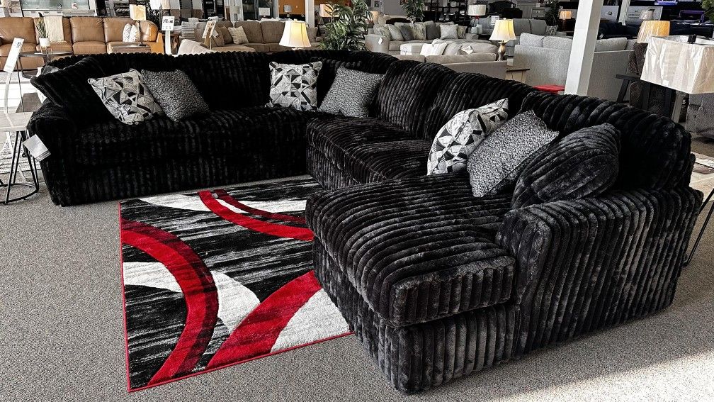 AP🎉Black Huge Jumbo Corduroy Cozy Sectional Couch With Chaise// Financing & Delivery