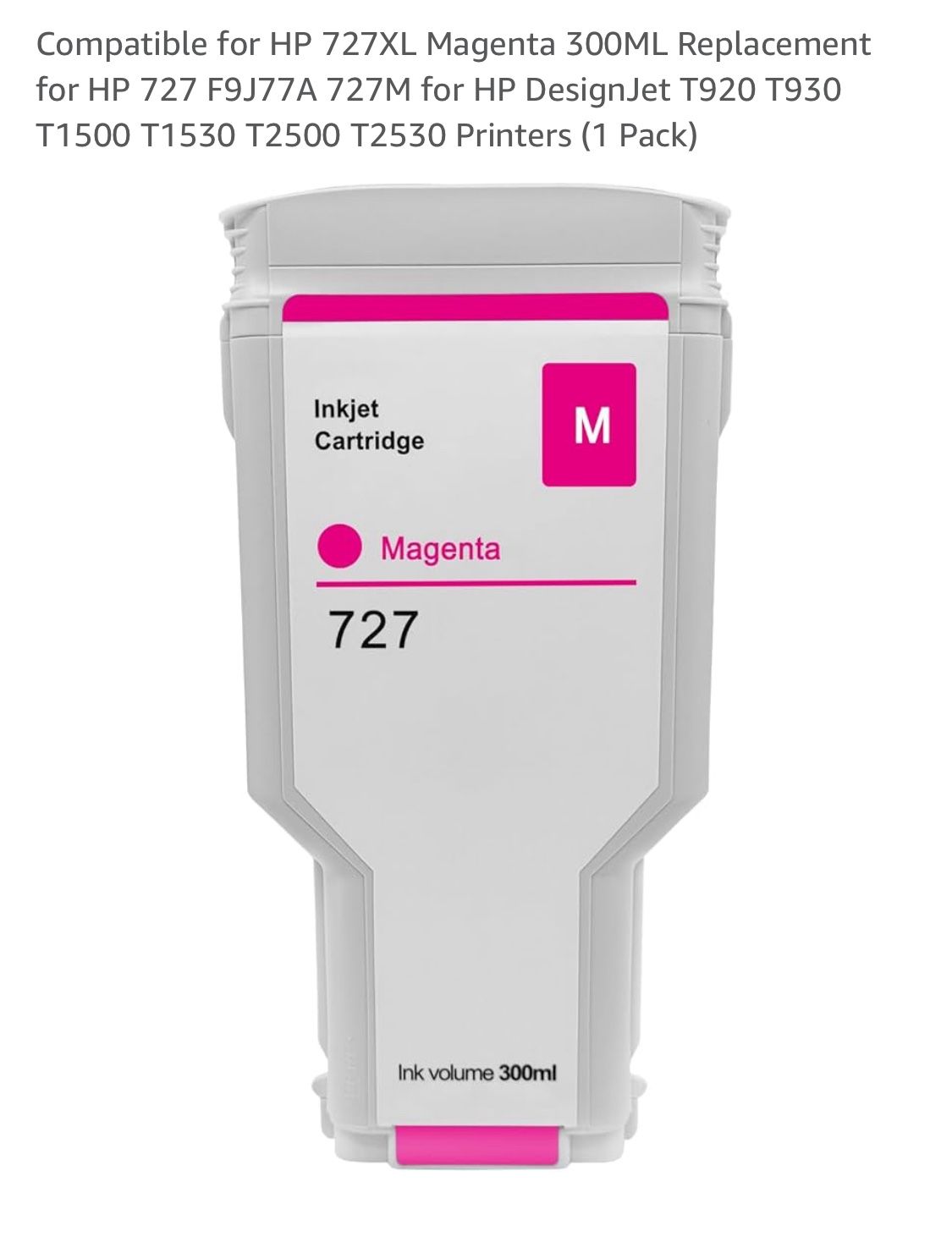 Compatible for HP 727XL Magenta 300ML Replacement for HP 727 F9J77A 727M for HP DesignJet T920 T930 T1500 T1530 T2500 T2530 Printers (1 Pack)