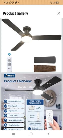 Amico 52 Inch Black Low Profile Ceiling Fans with Lights and Remote