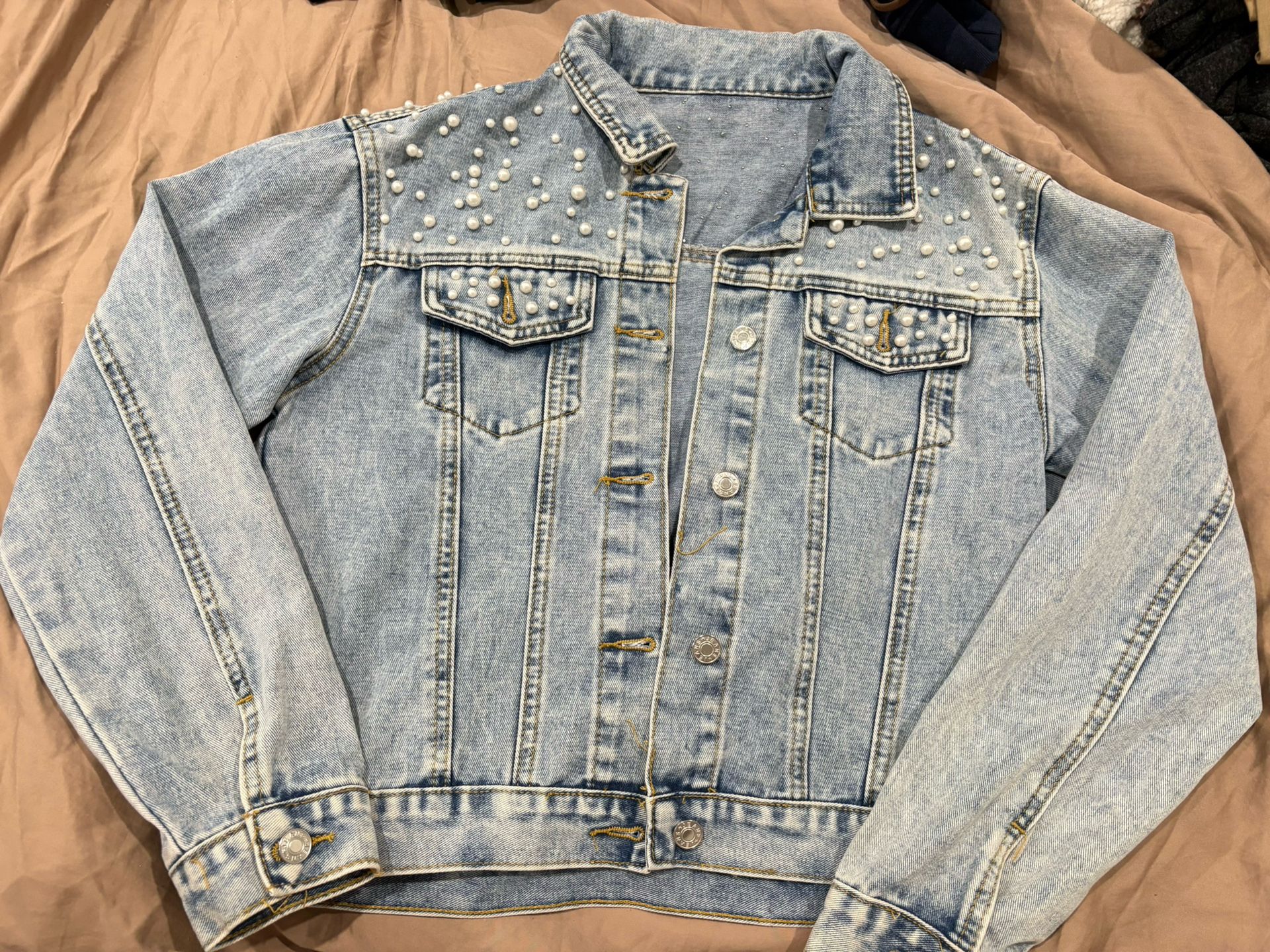 Denim Light Blue Jean Pearl Jacket Oversized Medium