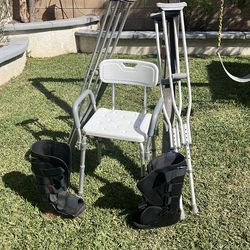 Ortho boots, shower chair, and set of crutches.