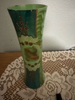 Antique Legras Uranium Opaline Glass Vase Art Nouveau Enameled Portrait