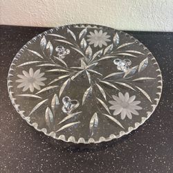 Vintage pressed glass footed serving plate, approx. 10” diameter and 1.4” tall. 