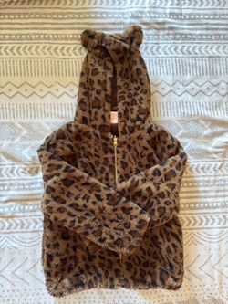 Kids Leopard Print Fuzzy Zip-Up Hoodie Jacket