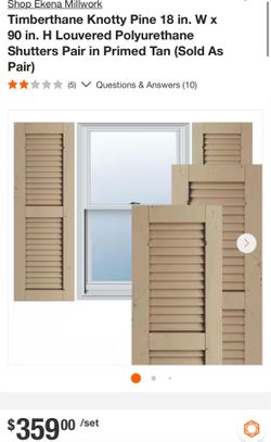 Timberthane Knotty Pine 18 in. W x 90 in. H Louvered Polyurethane Shutters Pair in Primed Tan (Sold As Pair)