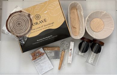 Orave Sourdough Starter Kit - 13-Piece Bread Baking Supplies with Auto-Vented Glass Jars, Round and Oval Banneton Proofing Baskets, Bread Lame, Dough 