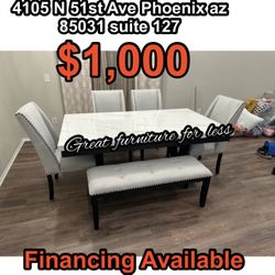 6 PCs Dining Table Set  With 4 Chair Fence Wing Side Chairs Fabric Faux Marble Table And Fabric Bench 